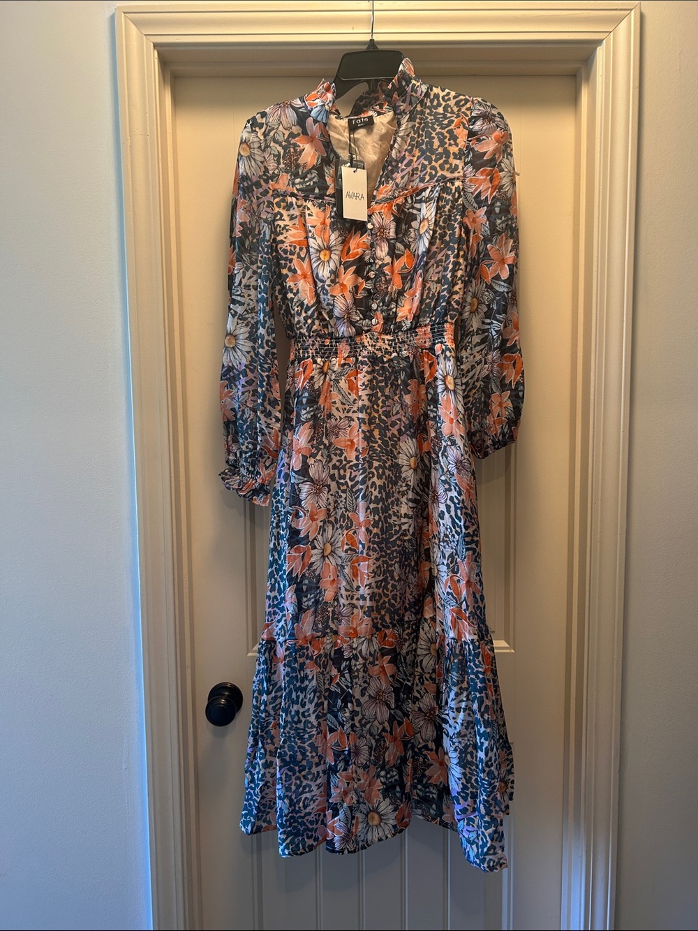Fate Floral & Leopard Print Long-Sleeve Maxi Dress in Orange and Blue